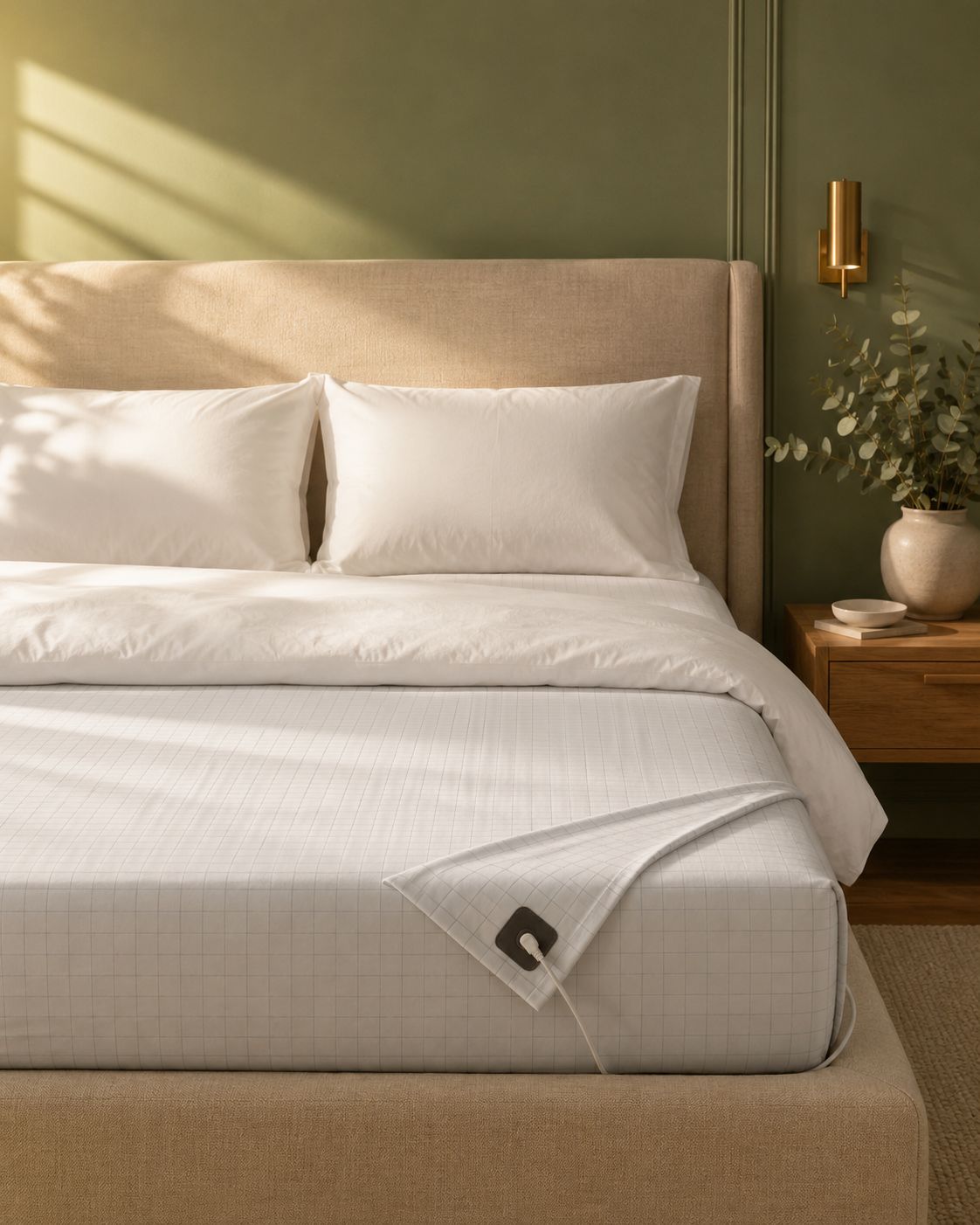 The Grounding Co silver bedsheet on a bed with grounding cord connected