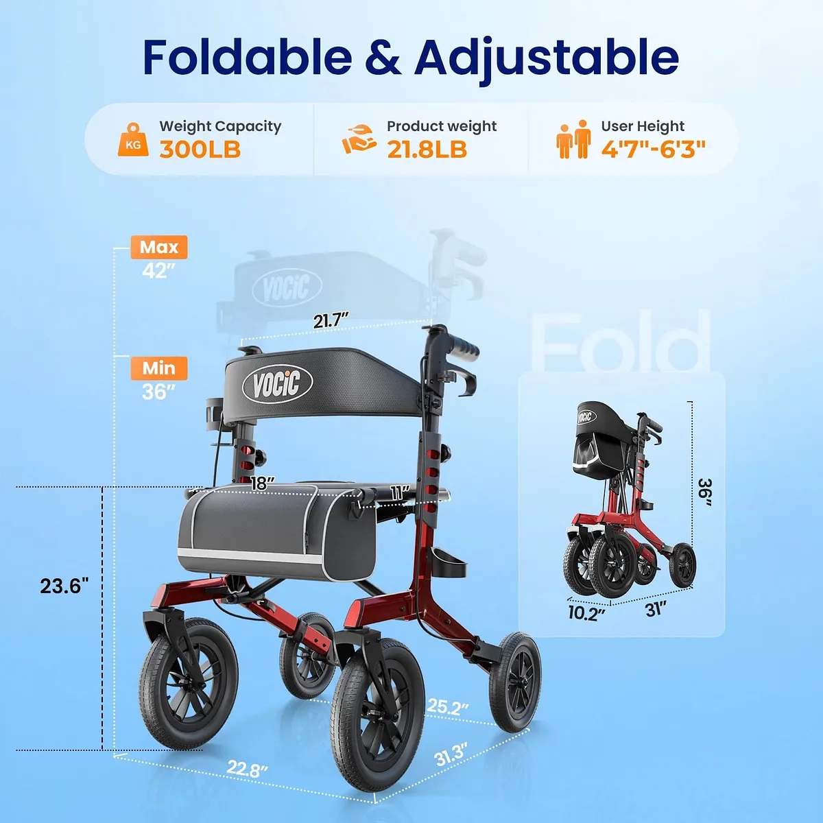 Vocic Z57 All-Terrain Outdoor Rollator with 12" Wheels