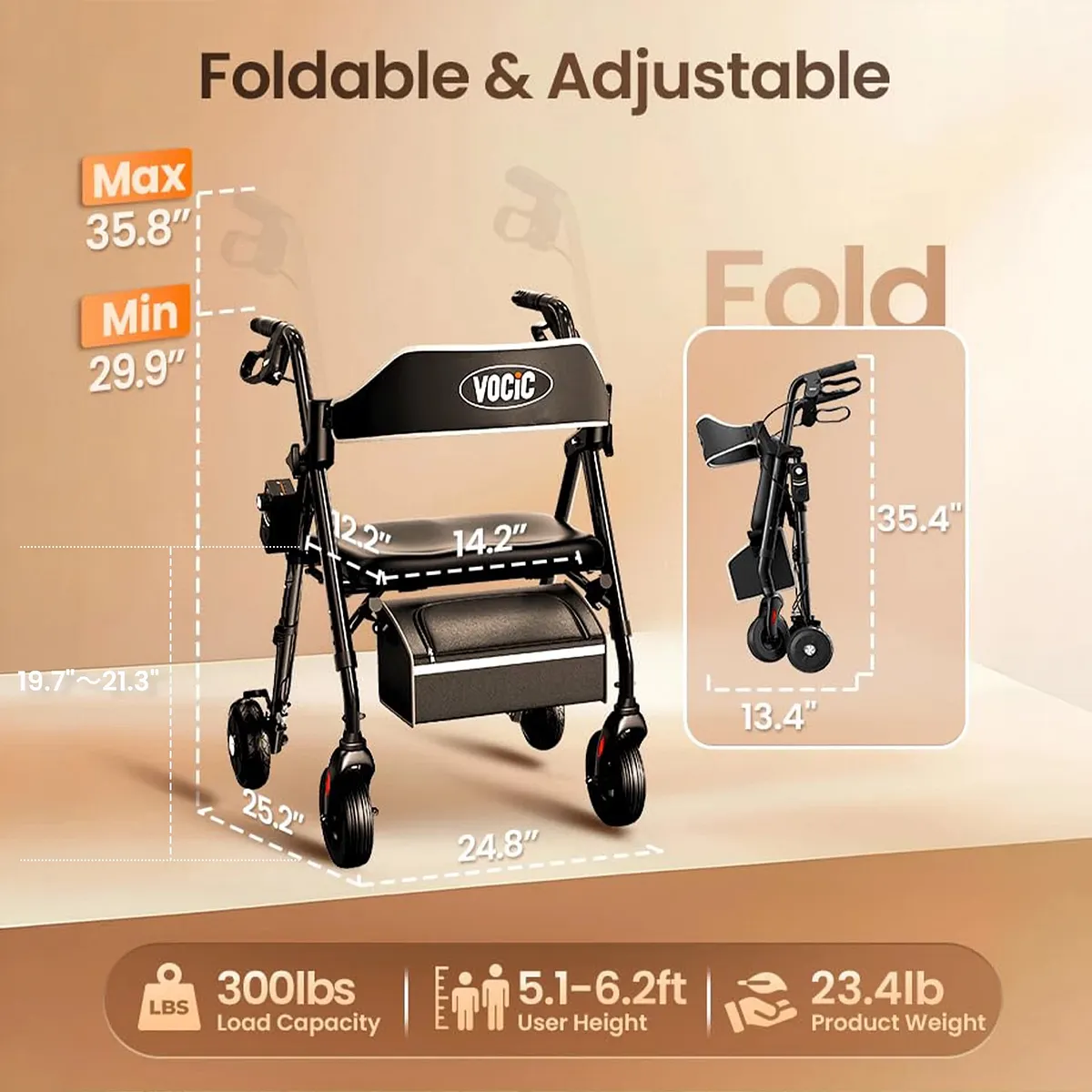 Vocic Z63 Adjusta-Speed Rollator Walker with Adjustable Resistance