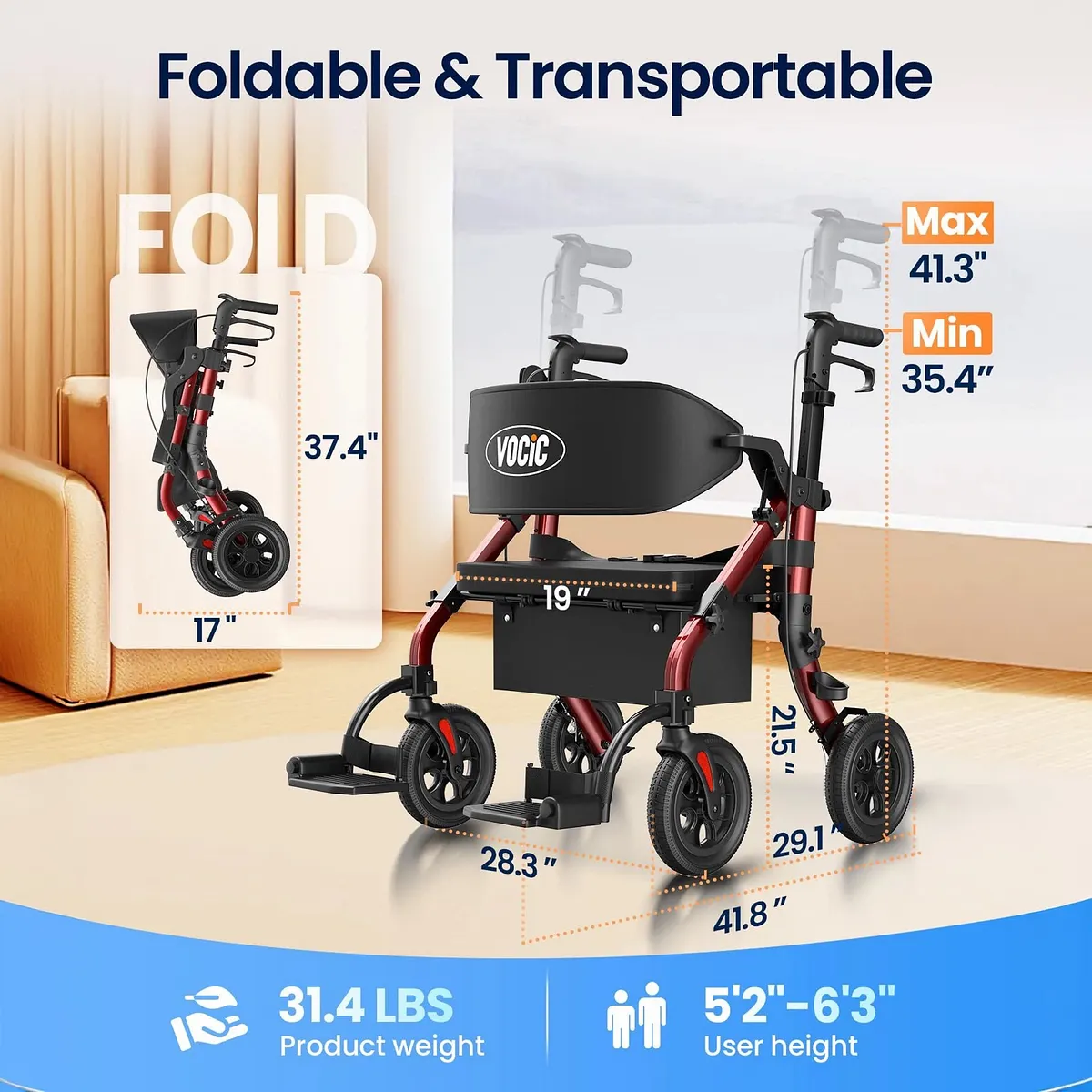 Vocic Z59 Heavy-Duty Bariatric 2-in-1 Rollator & Transport Chair