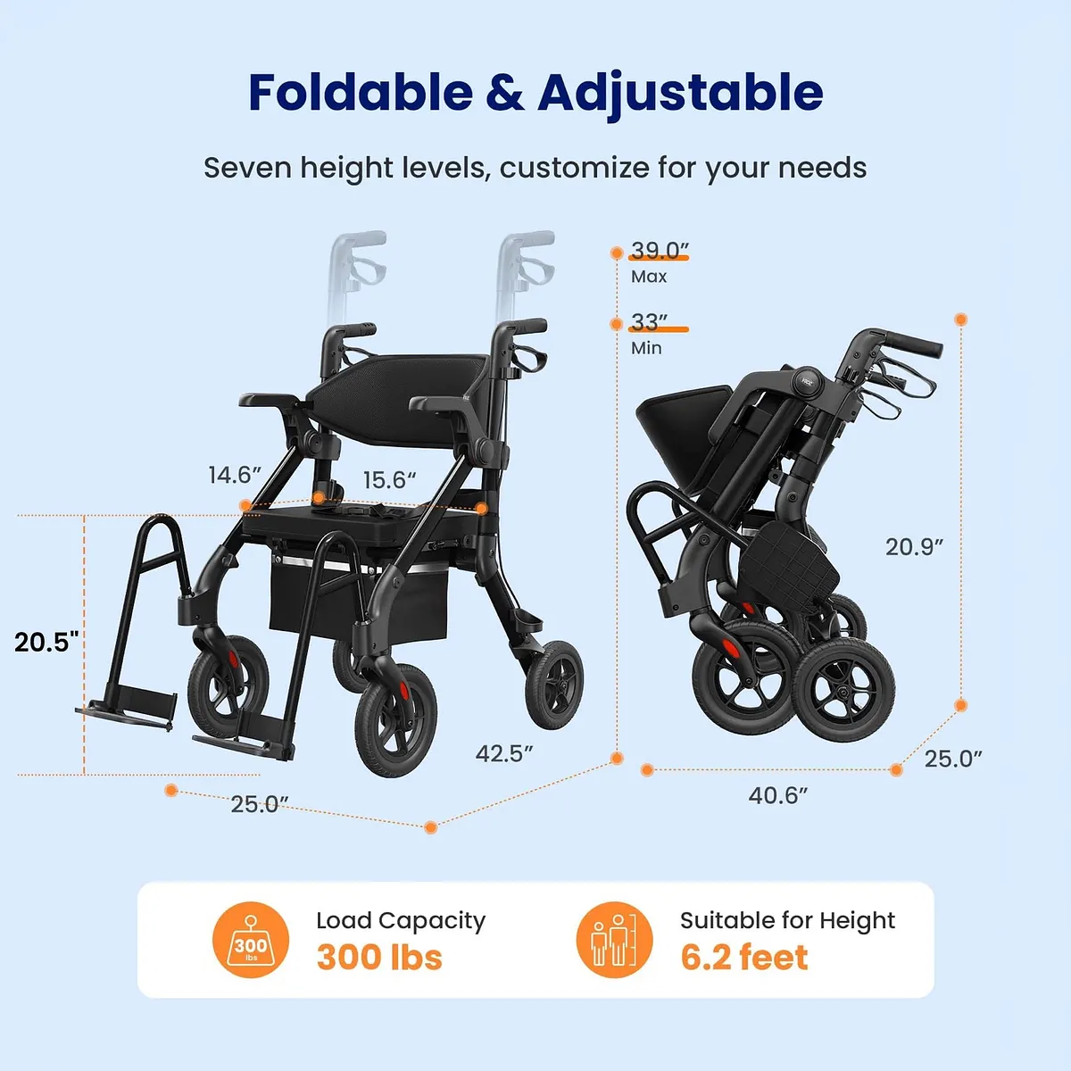 Vocic Z55 Versatile 2-in-1 Rollator Walker & Transport Chair