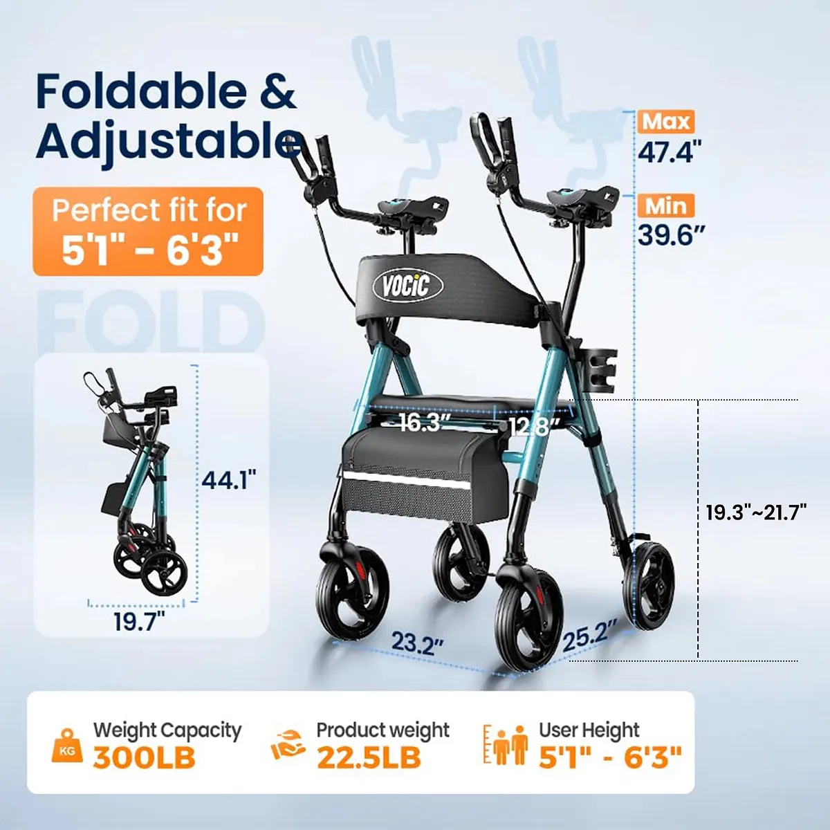 Vocic Z22 Upright Rollator Walker with Adjustable Armrests