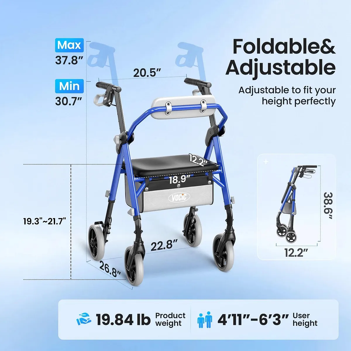 Vocic Z11 Standard Rollator Walker with Padded Seat