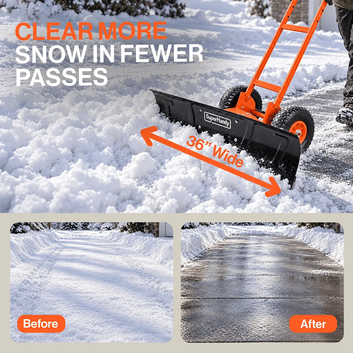 SuperHandy Wheeled Snow Shovel, 36" Snow Pusher with Adjustable Blade - GUT222