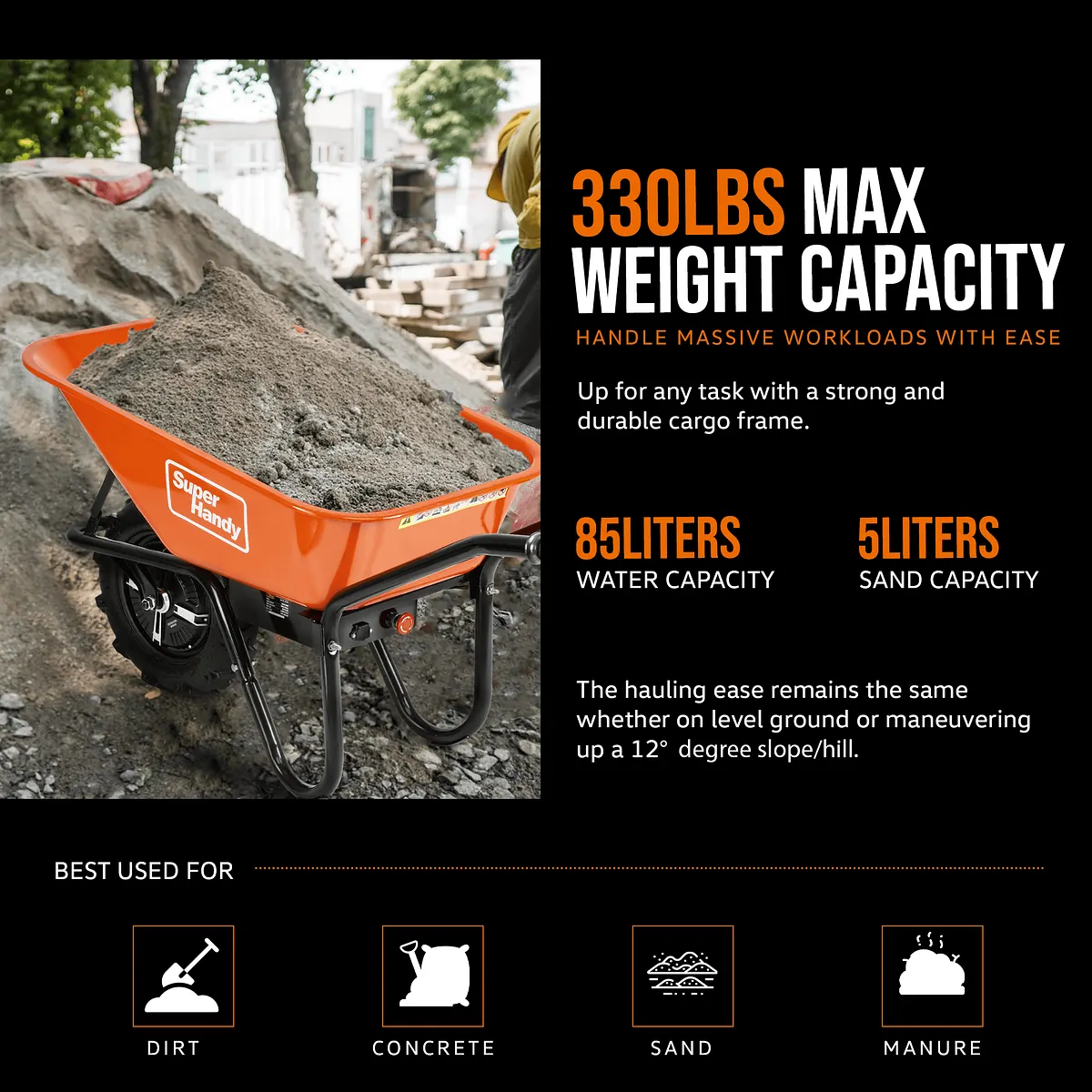 SuperHandy Electric Wheelbarrow, 24V 12Ah Battery, 330 lb Capacity - GUO087