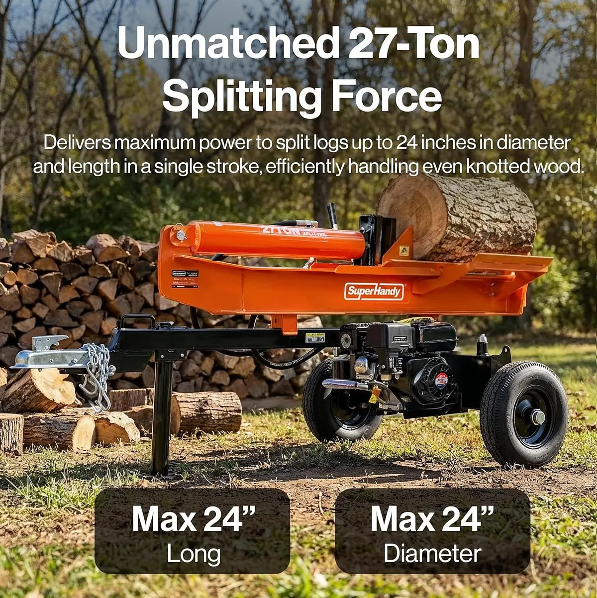 SuperHandy 27 Ton Gas Log Splitter, 223cc, 24" Max Log Length, Vertical/Horizontal - GUT199