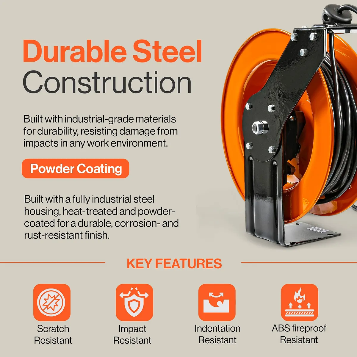 SuperHandy Steel Extension Cord Reel, 12AWG, 80 ft - GUR071