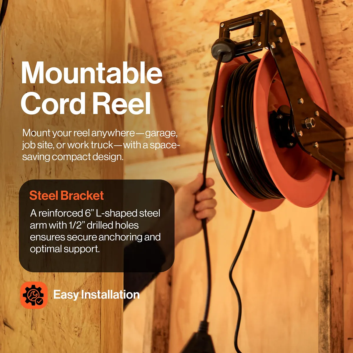 SuperHandy Steel Extension Cord Reel, 12AWG, 80 ft - GUR071