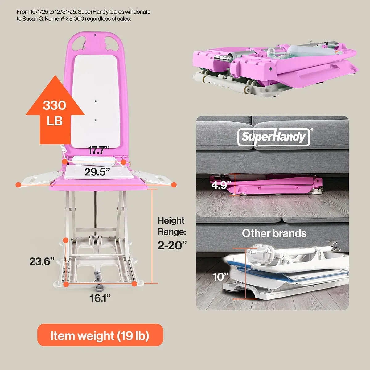 SuperHandy GoRise LT Portable Floor & Bath Lift, Pink Edition, 330 lb Capacity - GUT197