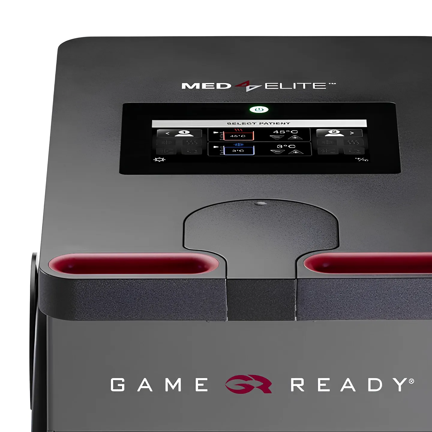 Game Ready Med4 Elite touchscreen and dual hose port holsters, close-up