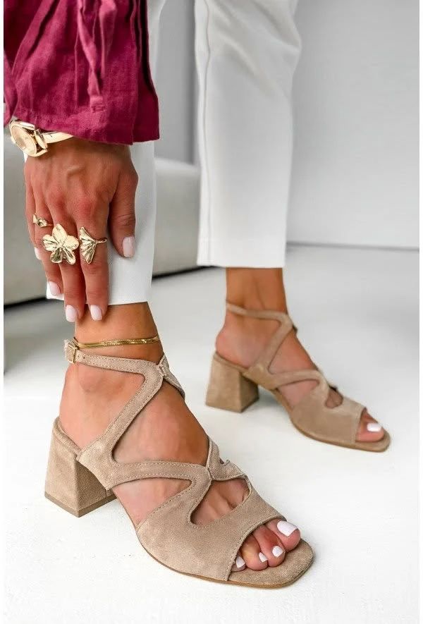 Beige Suede Square-Toe Block Heels with Ankle Strap