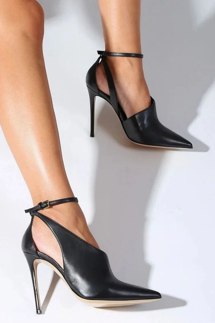 Black Pointed-Toe Cut-Out Stilettos with Ankle Strap and Buckle