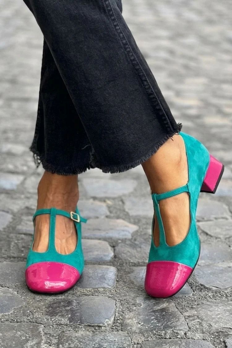 Purple Colour-Block Round-Toe Block Heels with Buckle and T-Bar Strap