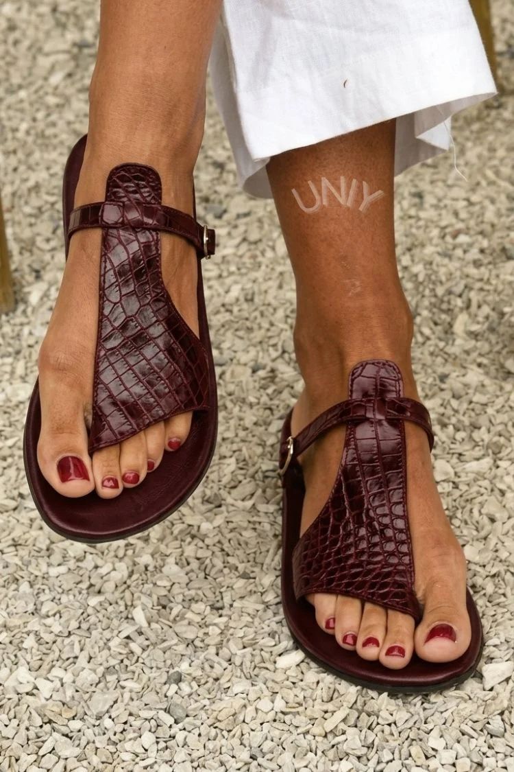 Crocodile-Effect Thong Sandals with Buckled Instep Strap