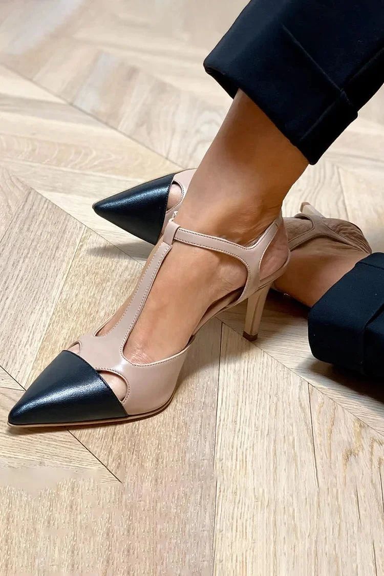 Beige Stiletto Court Shoes with T-Bar Strap, Pointed Toe and Contrast Cut-Outs