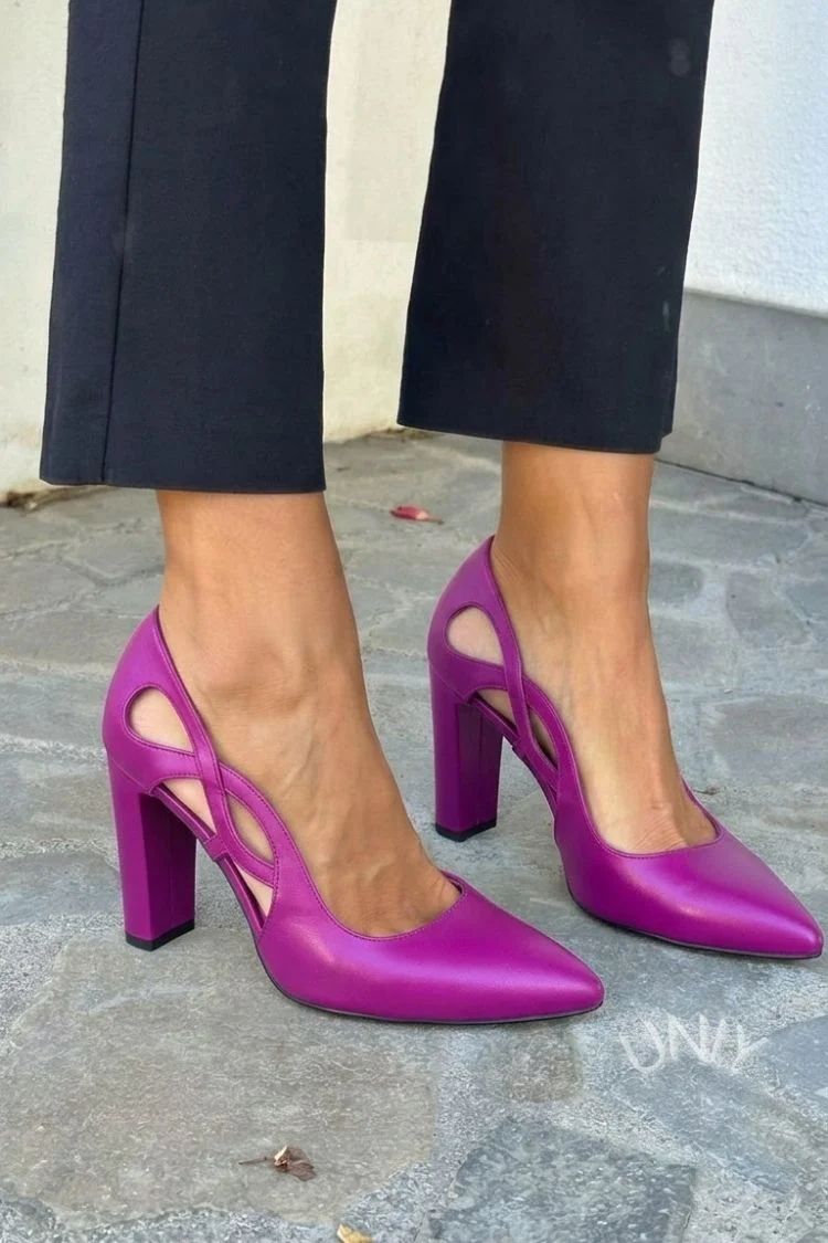 Faux Leather Pointed-Toe Cut-Out Court Shoes with Block Heel