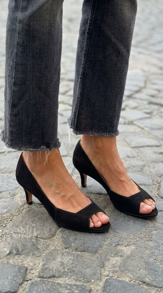 Tan and Black Suede Low-Heel Peep-Toe Court Shoes