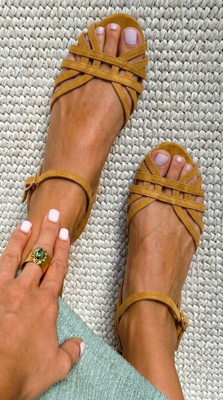 Tan Suede Flat Sandals with Ankle Buckle and Multiple Straps