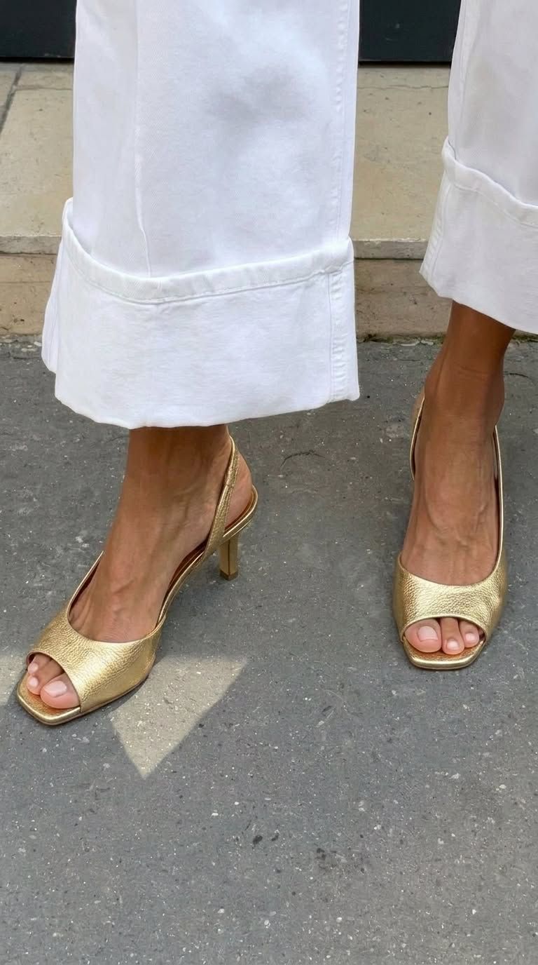 Metallic Gold Peep-Toe Slingback Kitten Heels