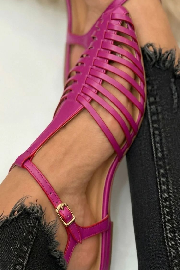 Simple Casual Black Pointed-Toe Cut-Out Sandals with T-Bar Strap