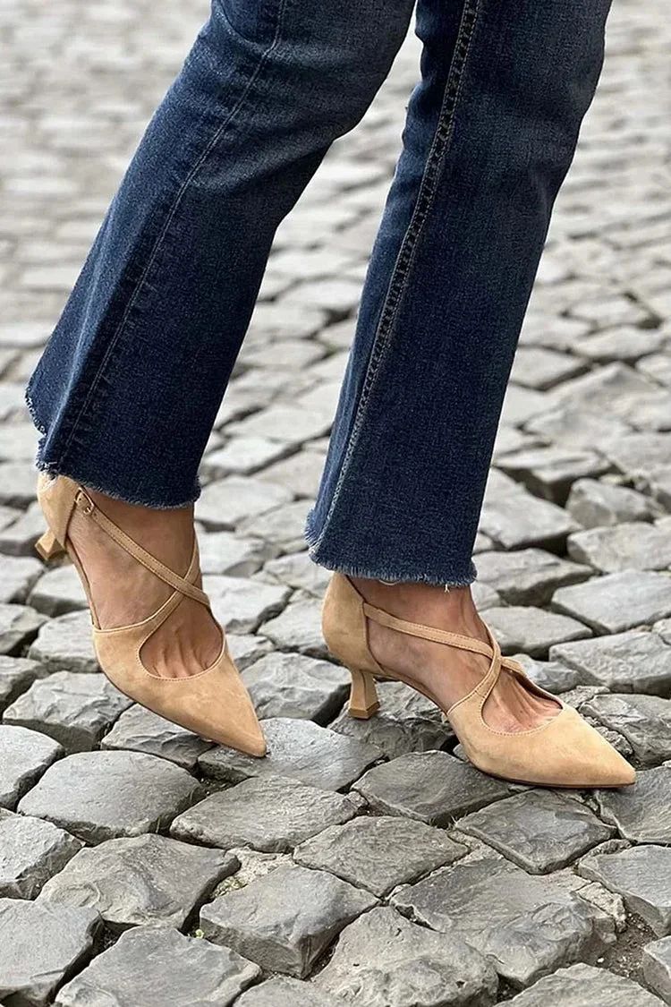 Khaki Solid-Colour Pointed-Toe Low Heels with Buckle and Crossover Straps