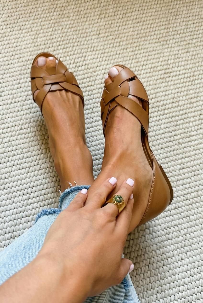 Faux Leather Woven Peep-Toe Flats with Crossover Straps and Closed Heel