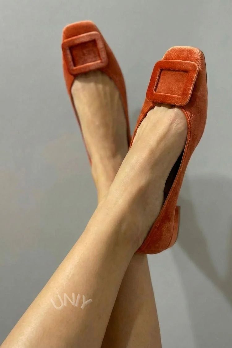 Velvet Square-Toe Flats with Buckle