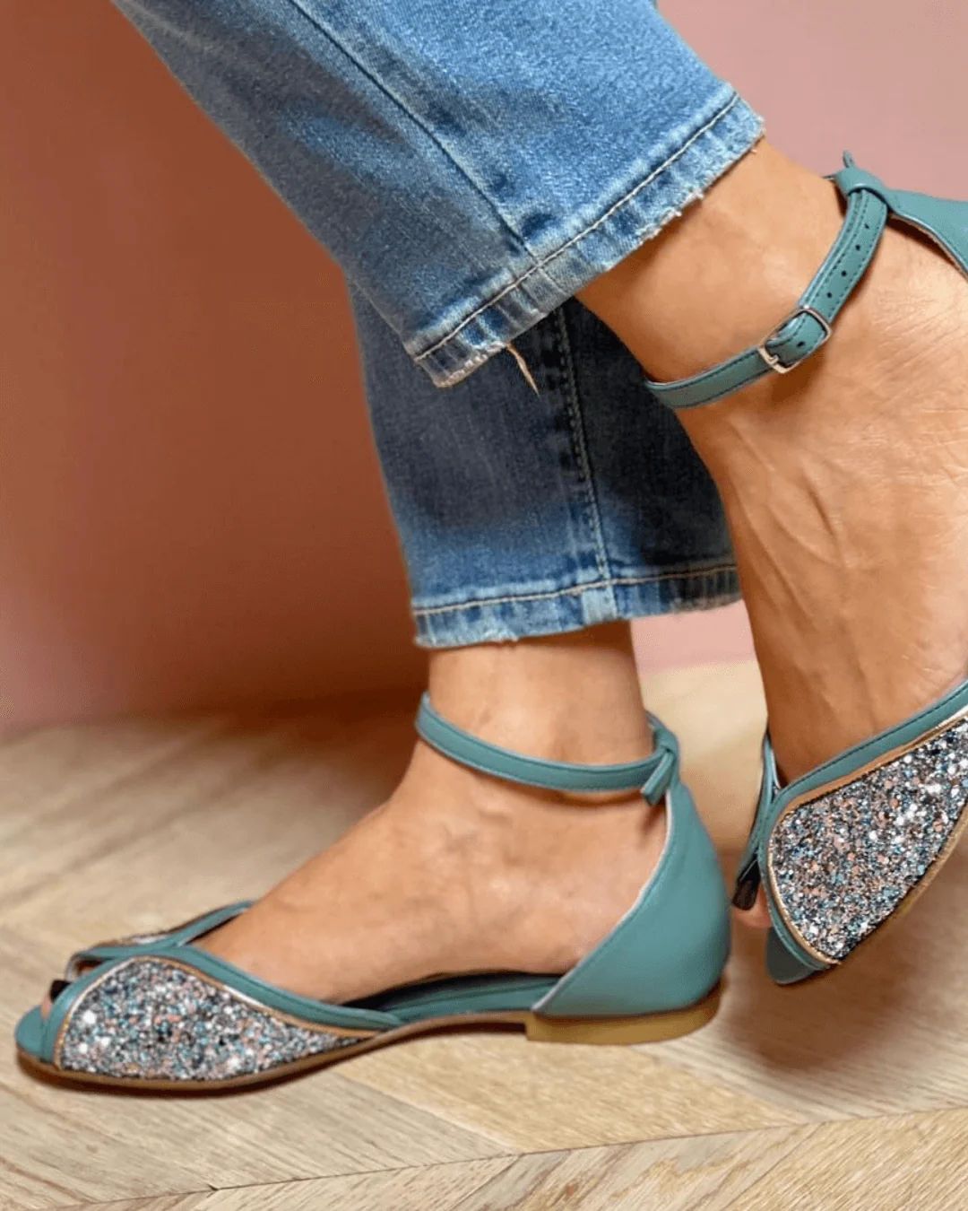 Glitter Patchwork Peep-Toe Sandals with Ankle Strap and Buckle