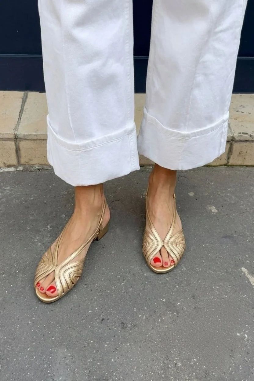 Metallic Gold Sandals with Wavy Straps, Round Toe and Heel Strap
