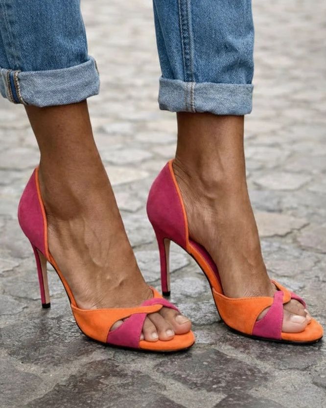 Colour-Block Suede Open-Toe Stiletto Sandals with Crossover Straps