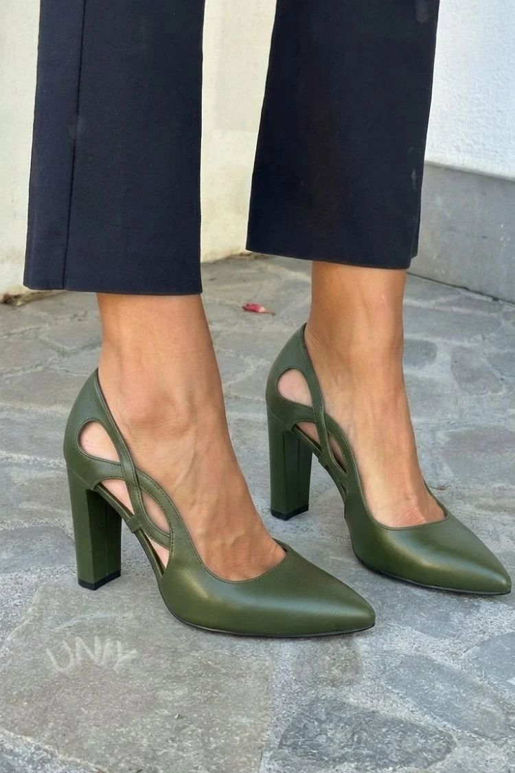 Faux Leather Pointed-Toe Cut-Out Court Shoes with Block Heel