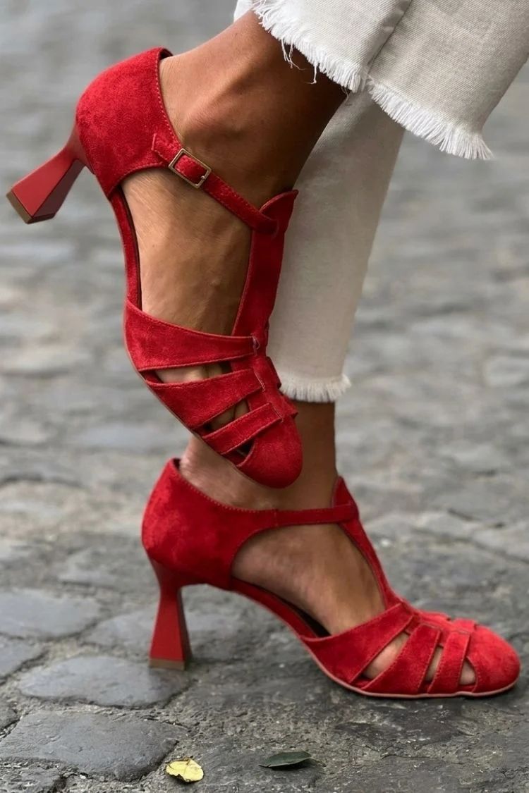 Green Crochet Cut-Out Closed-Toe Heeled Sandals