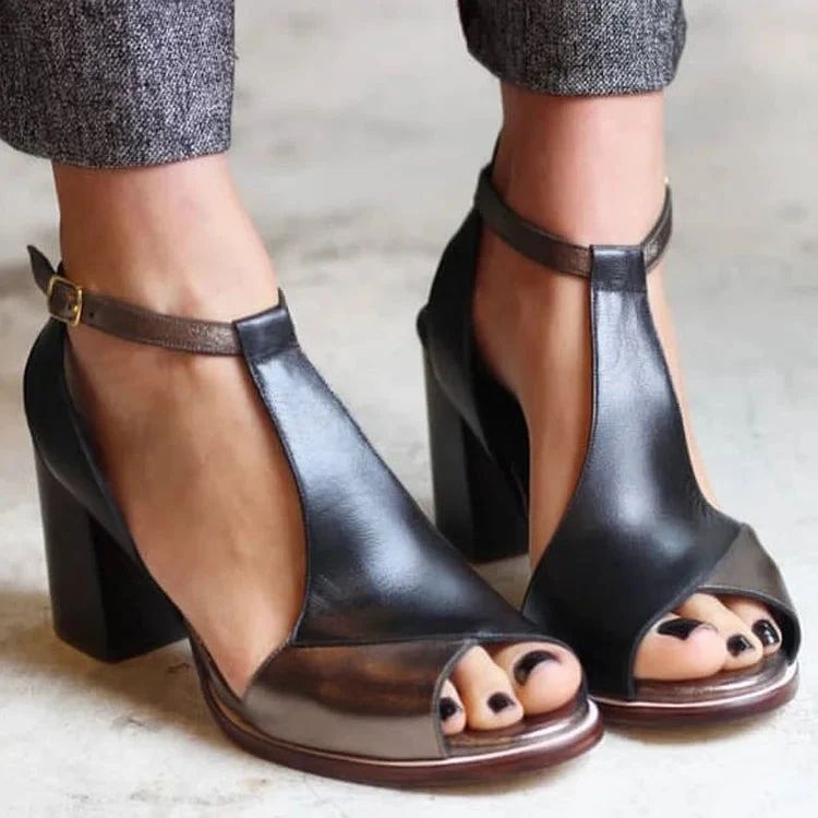 Black Patchwork Peep-Toe Block Heels with Ankle Strap