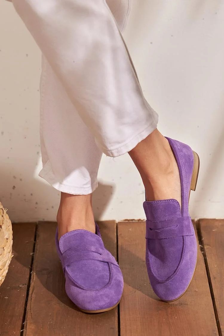 Purple Solid-Colour Round-Toe Patchwork Loafers