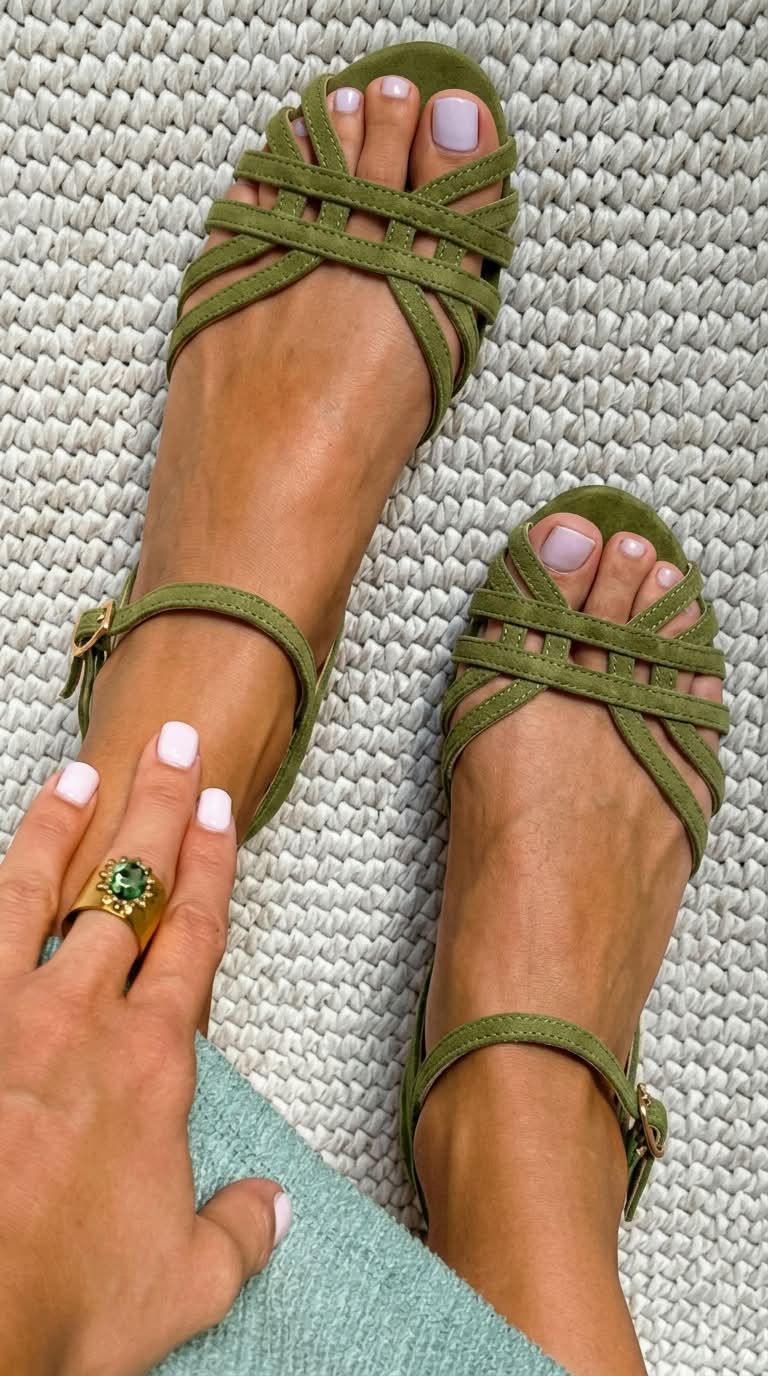 Tan Suede Flat Sandals with Ankle Buckle and Multiple Straps