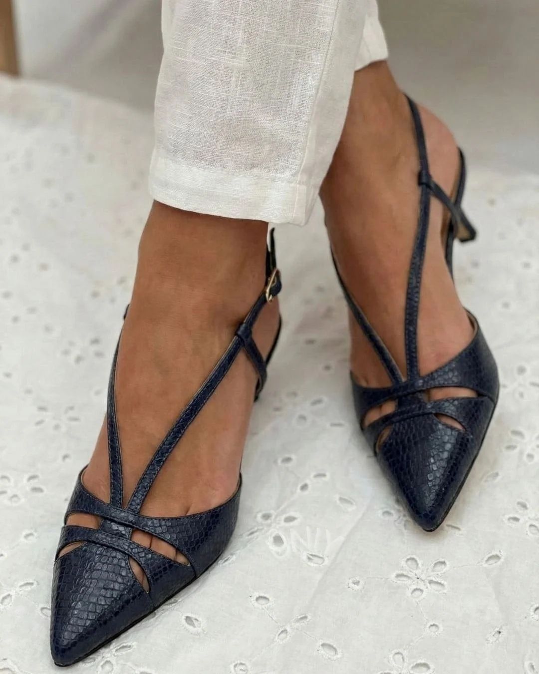 Elegant Black Pointed-Toe Strappy Slingback Kitten Heels