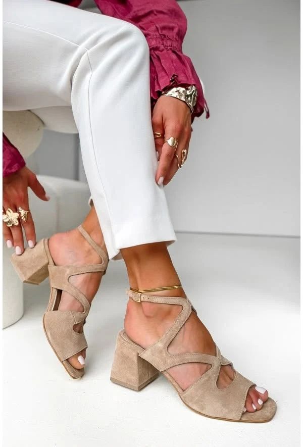 Beige Suede Square-Toe Block Heels with Ankle Strap
