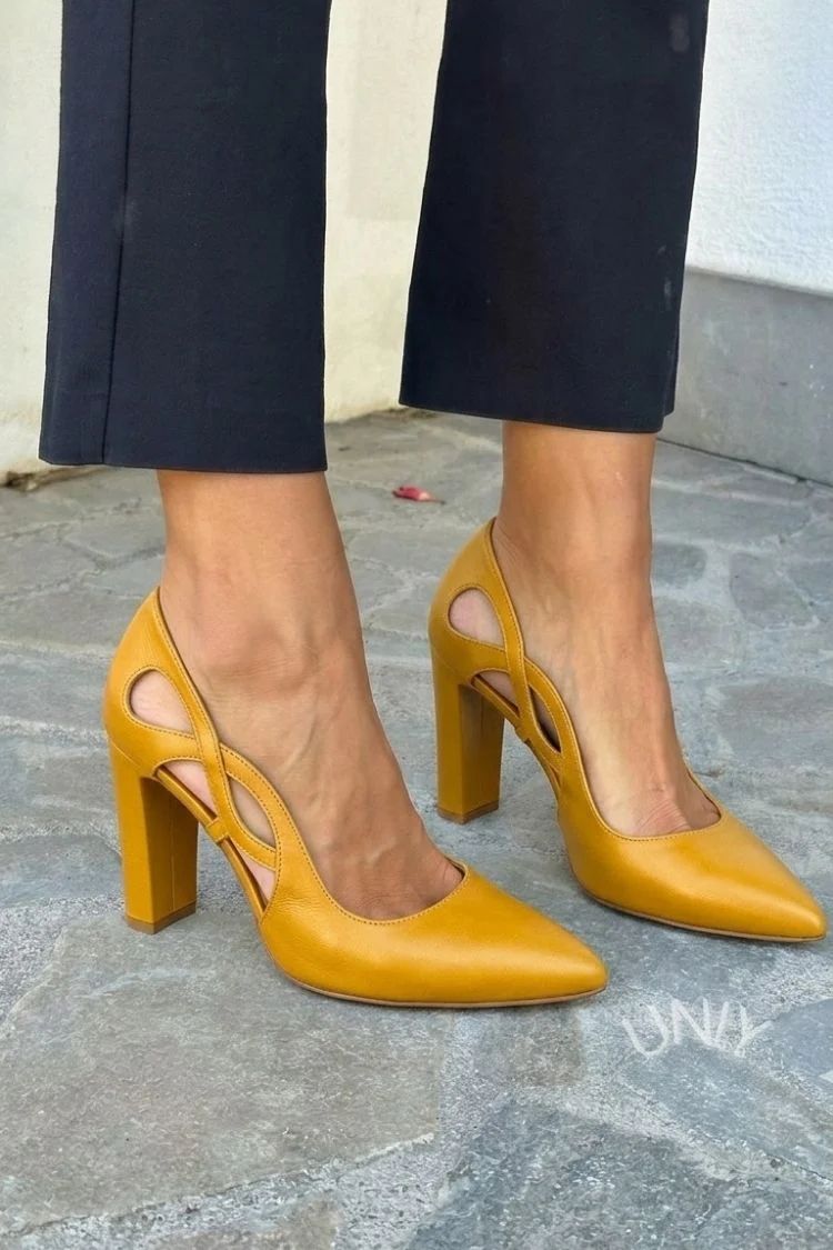 Faux Leather Pointed-Toe Cut-Out Court Shoes with Block Heel