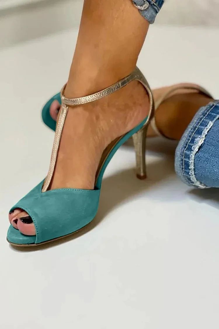 Elegant Green Colour-Block Stilettos with Buckle and T-Bar Strap