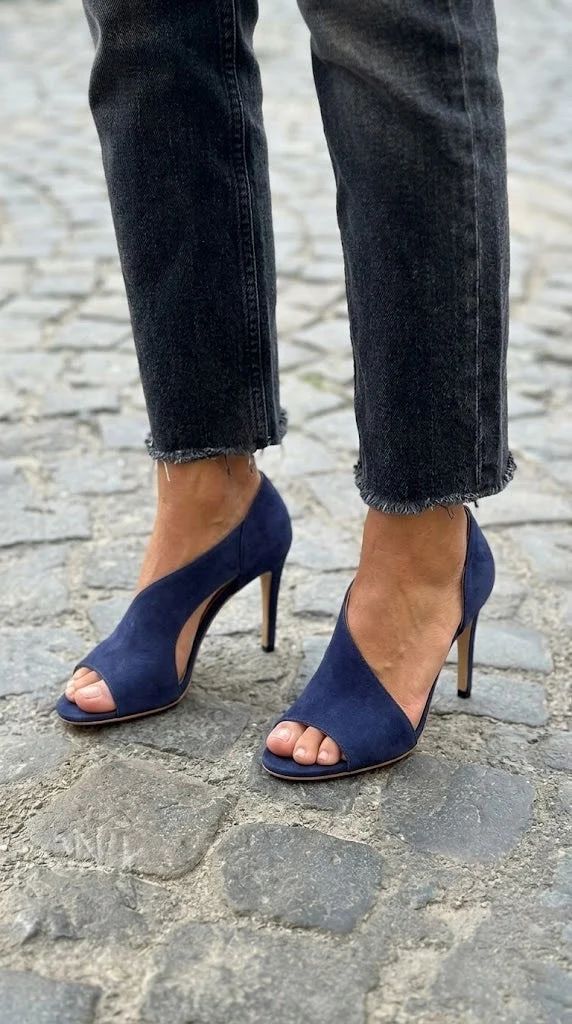 Asymmetric Navy Suede Peep-Toe Stiletto Court Shoes