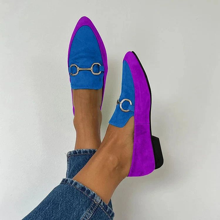 Retro Matt Colour-Block Pointed-Toe Flats with Buckle