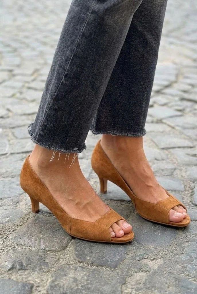Tan and Black Suede Low-Heel Peep-Toe Court Shoes