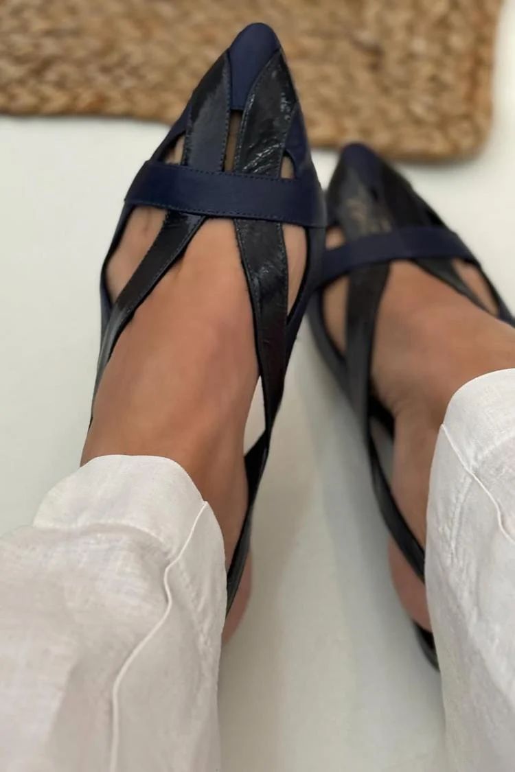 Navy Patchwork Cut-Out Pointed-Toe Slingback Flats