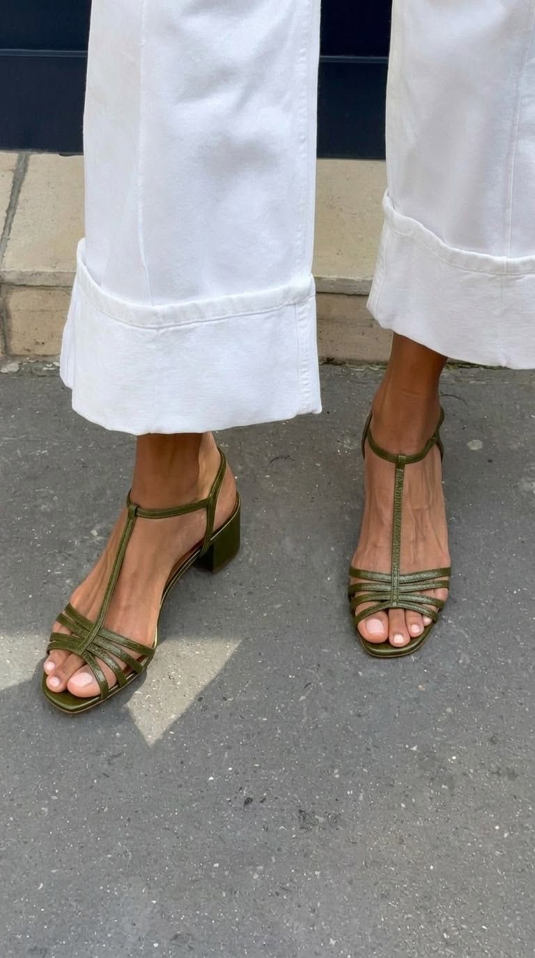 Metallic Block-Heel Sandals with Buckle and T-Bar Strap