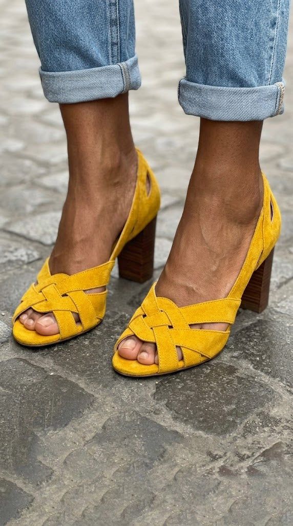 Mustard Suede Woven Peep-Toe Block Heels with Cut-Outs
