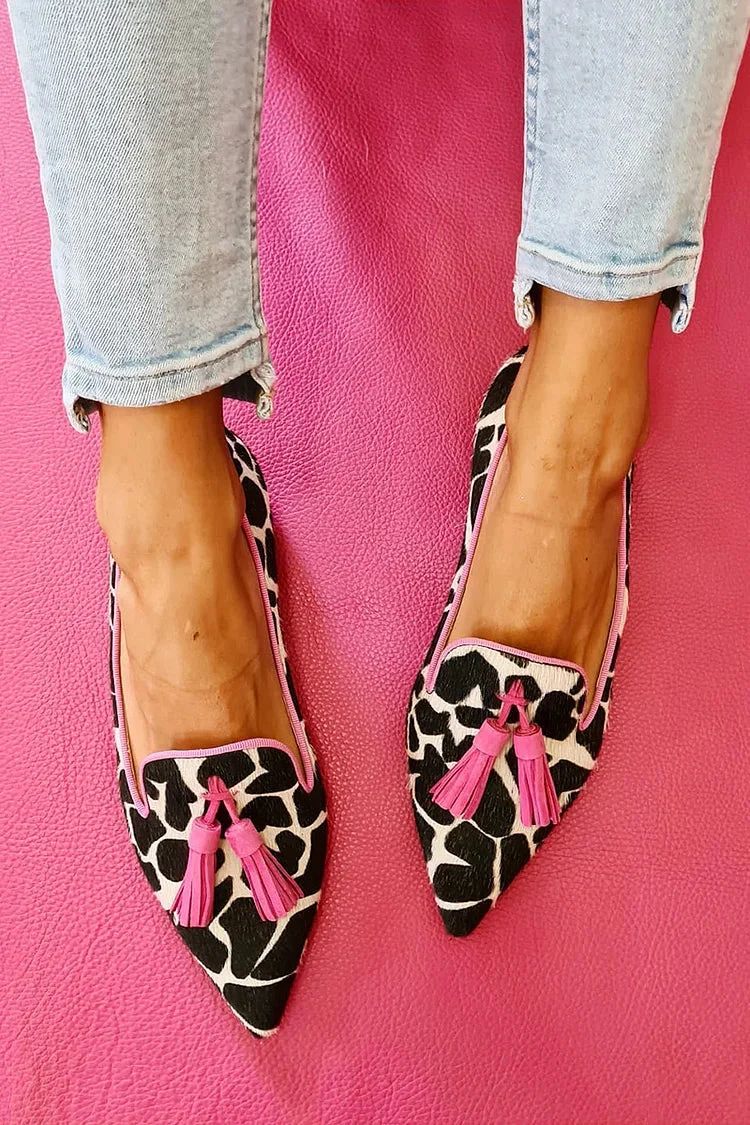 Colour-Block Faux Leather Pointed-Toe Flats with Cow Print and Tassels