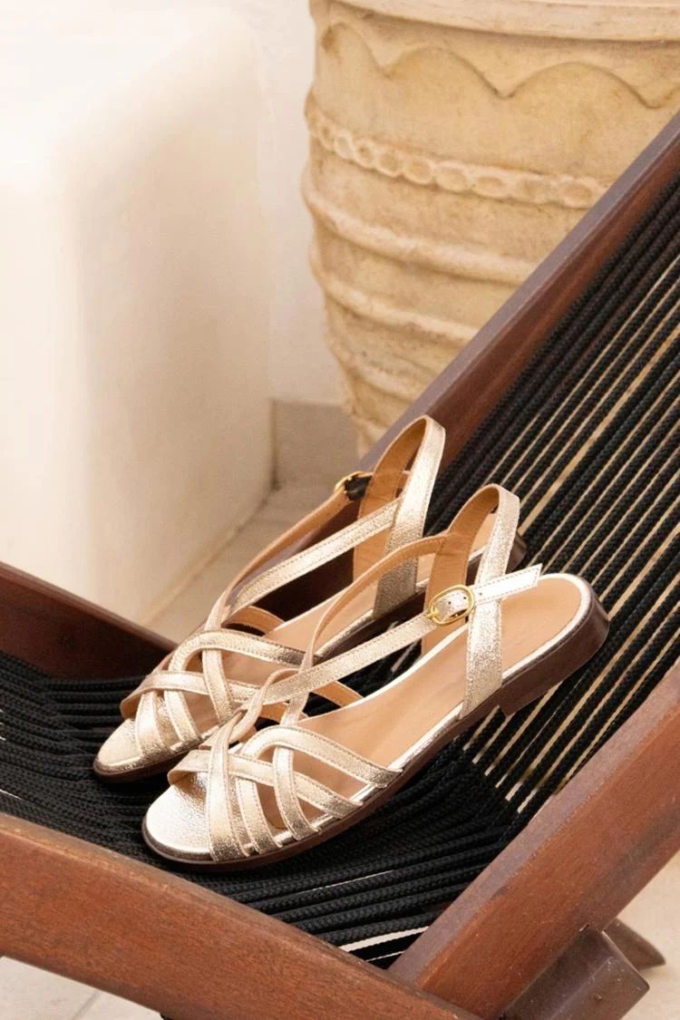 Champagne Peep-Toe Cut-Out Sandals with Buckle and Crossover Straps