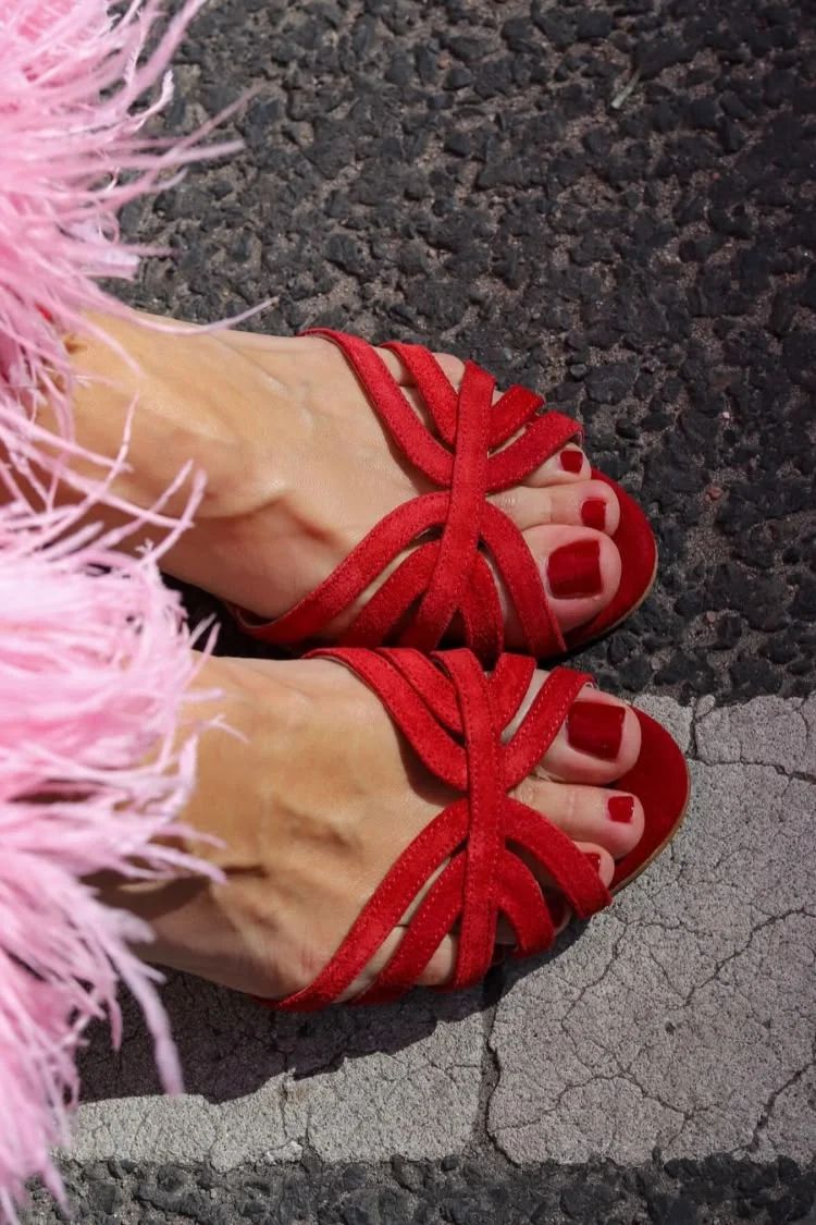 Red Suede Open-Toe Sandals with Crossover Straps