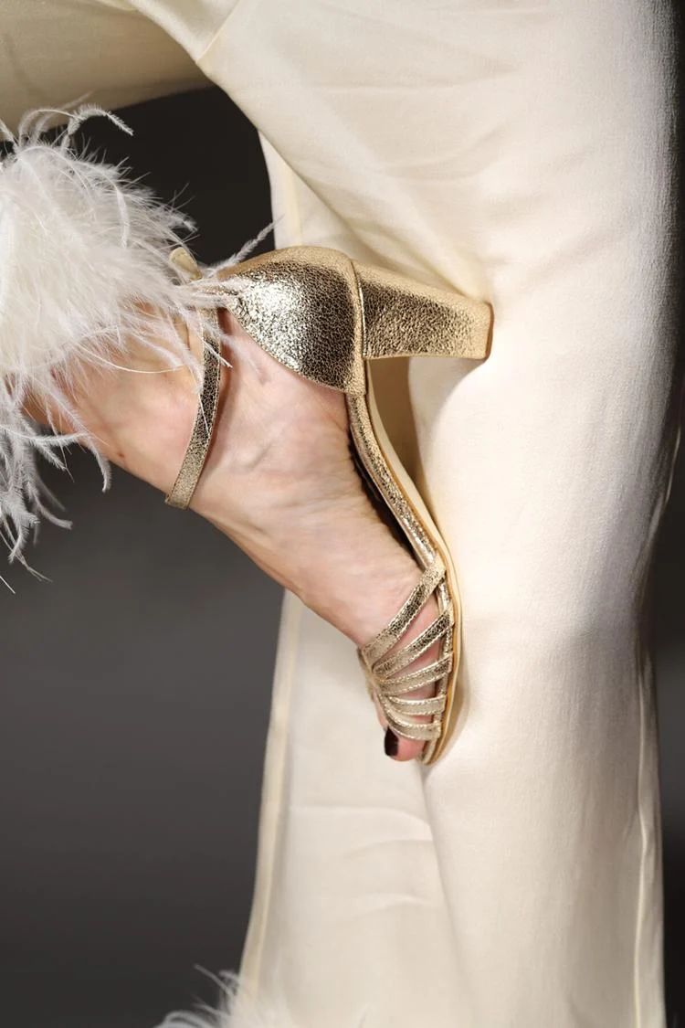 Shiny Metallic Gold Peep-Toe Block Heels with Ankle Strap and Buckle