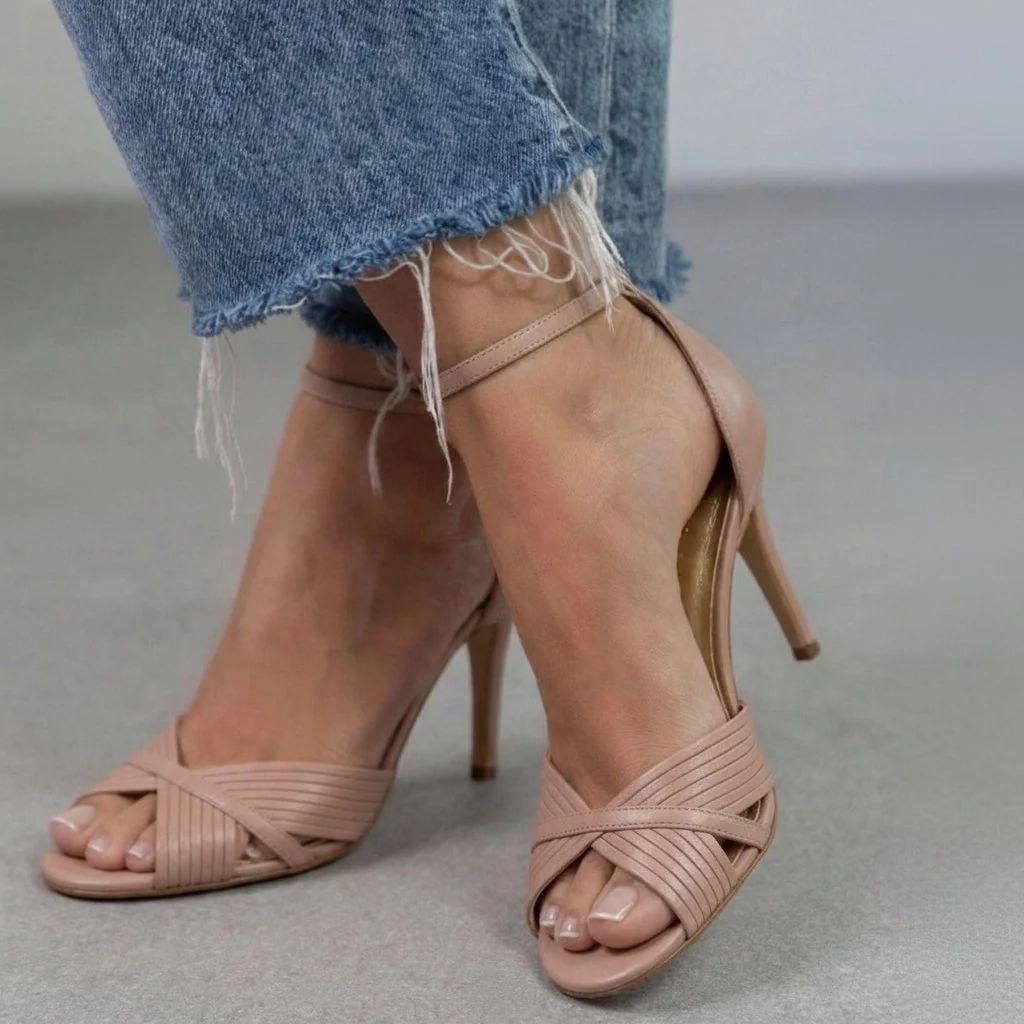 Elegant Pink Pleated Strappy Stilettos with Ankle Strap